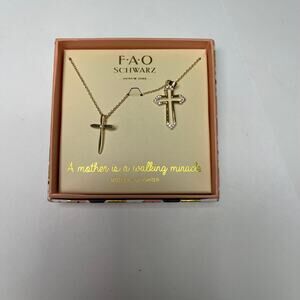 FAO Schwartz set of two necklaces gold tone daughter mother cross pendant jewelr